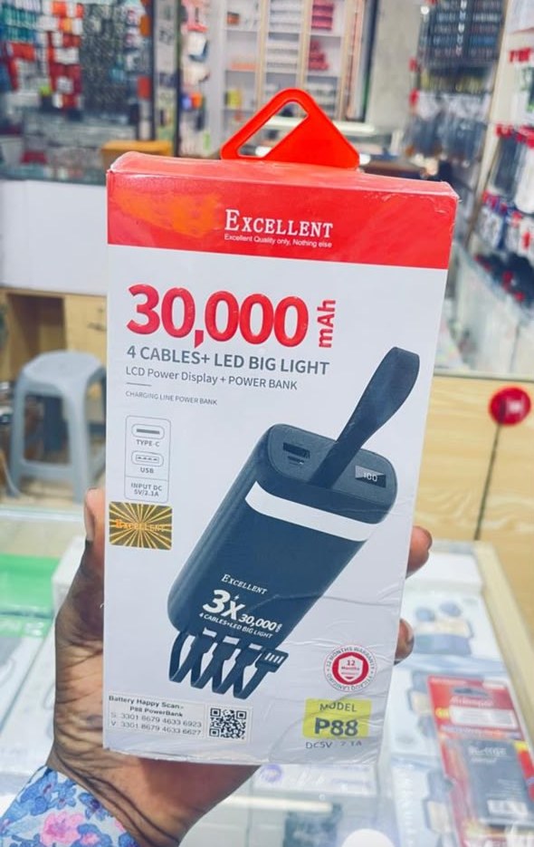 Excellent 30,000mAh Power Bank (4 Cables + LED Light)